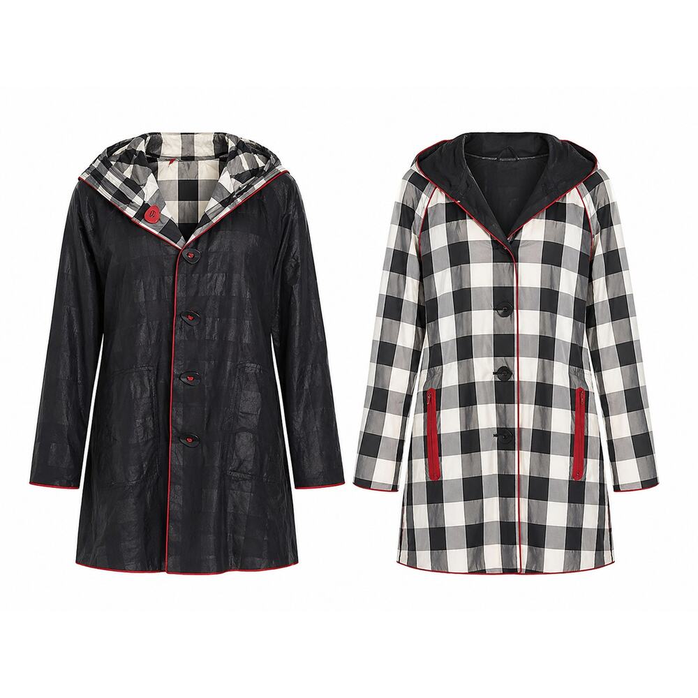 UBU reversible raincoat black and white gingham plaid / solid black S Lagenlook